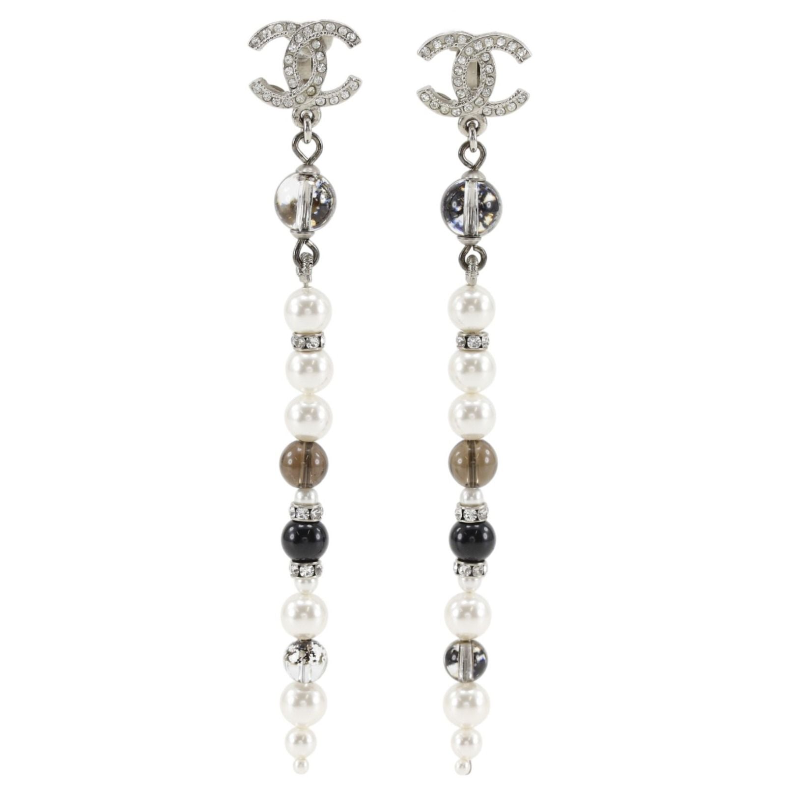 Chanel CC Logo Long Metal Faux Pearl Line Stone Silver Earrings