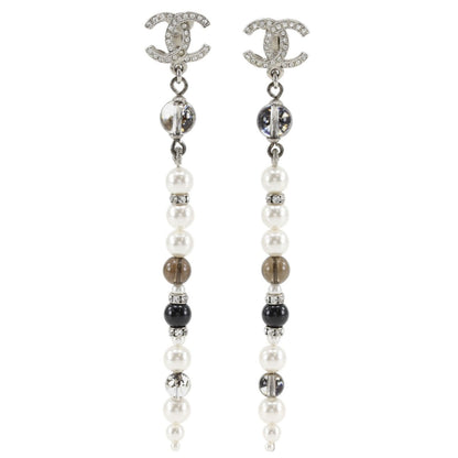 Chanel CC Logo Long Metal Faux Pearl Line Stone Silver Earrings