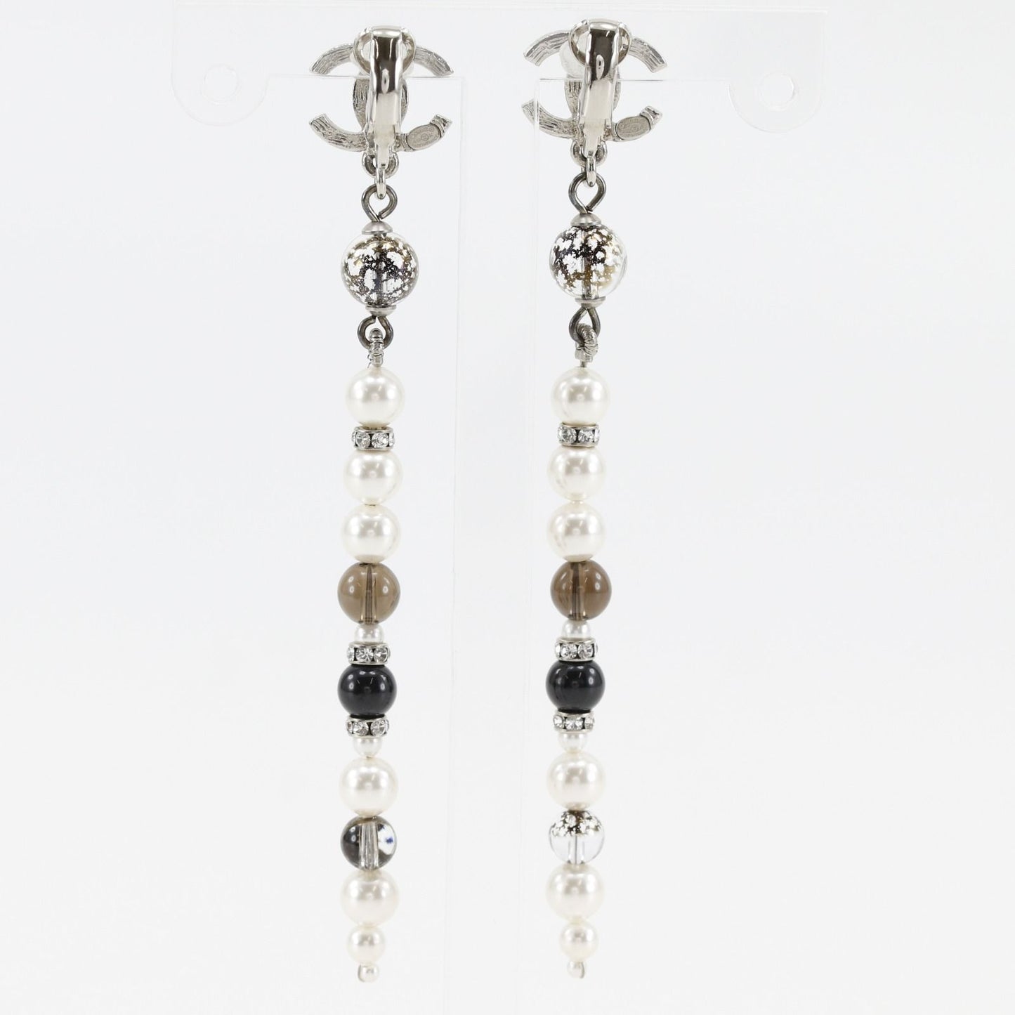 Chanel CC Logo Long Metal Faux Pearl Line Stone Silver Earrings — view 3