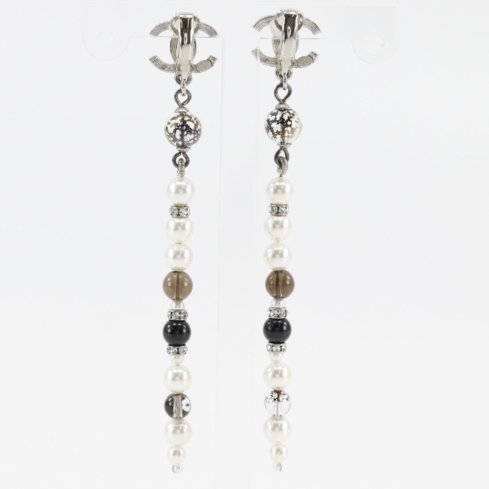 Chanel CC Logo Long Metal Faux Pearl Line Stone Silver Earrings — view 3
