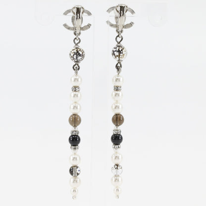 Chanel CC Logo Long Metal Faux Pearl Line Stone Silver Earrings — view 3
