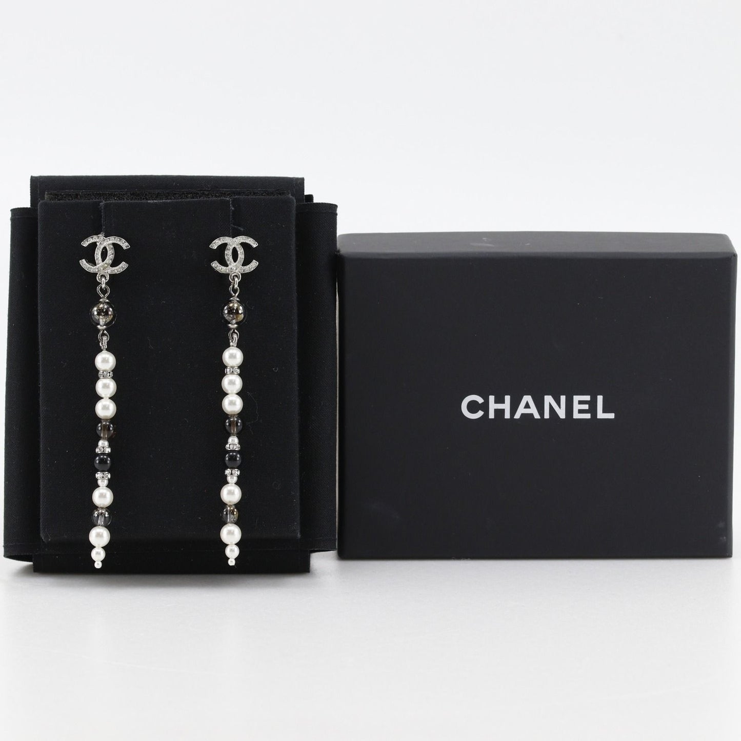 Chanel CC Logo Long Metal Faux Pearl Line Stone Silver Earrings — view 9