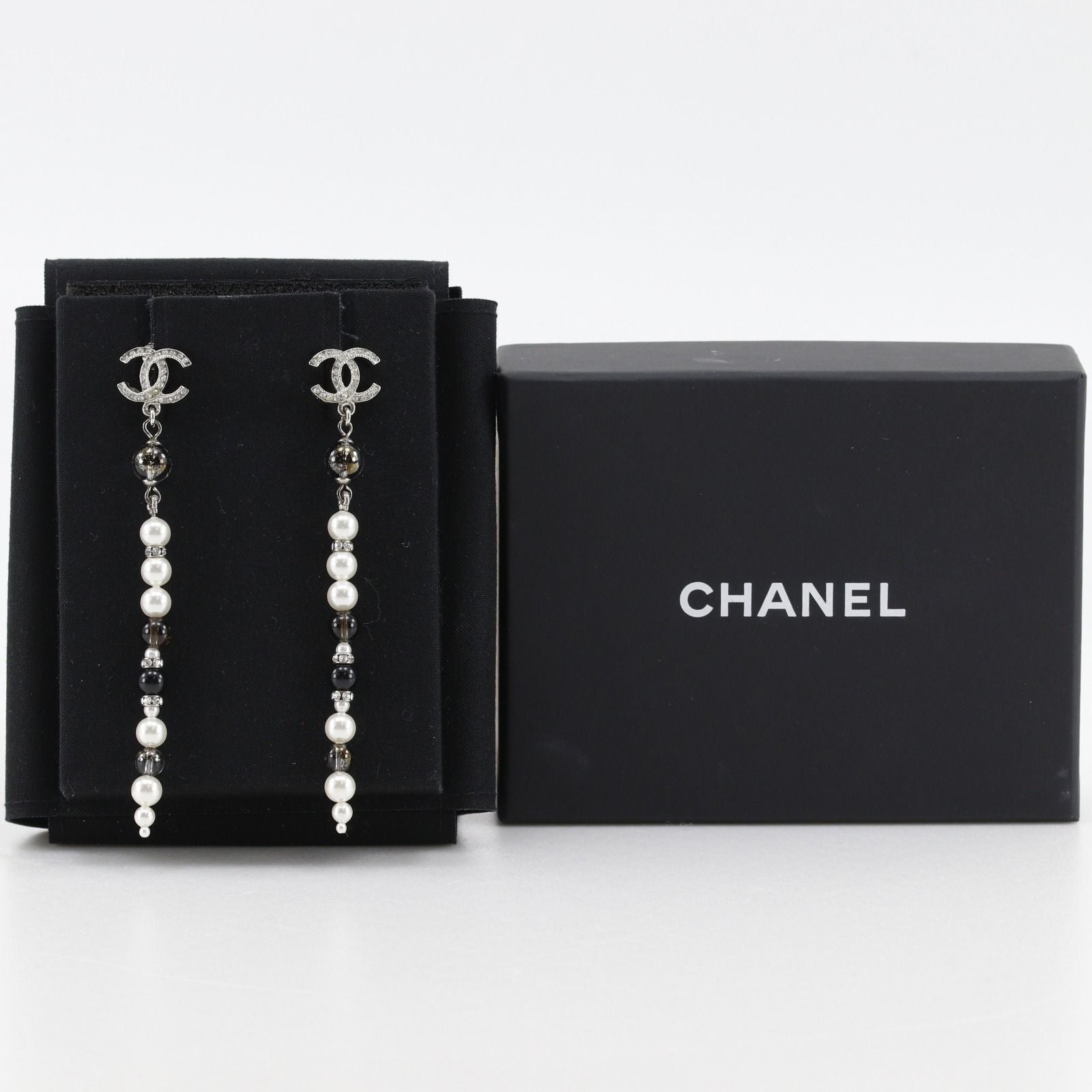 Chanel CC Logo Long Metal Faux Pearl Line Stone Silver Earrings — view 9
