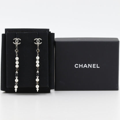 Chanel CC Logo Long Metal Faux Pearl Line Stone Silver Earrings — view 9