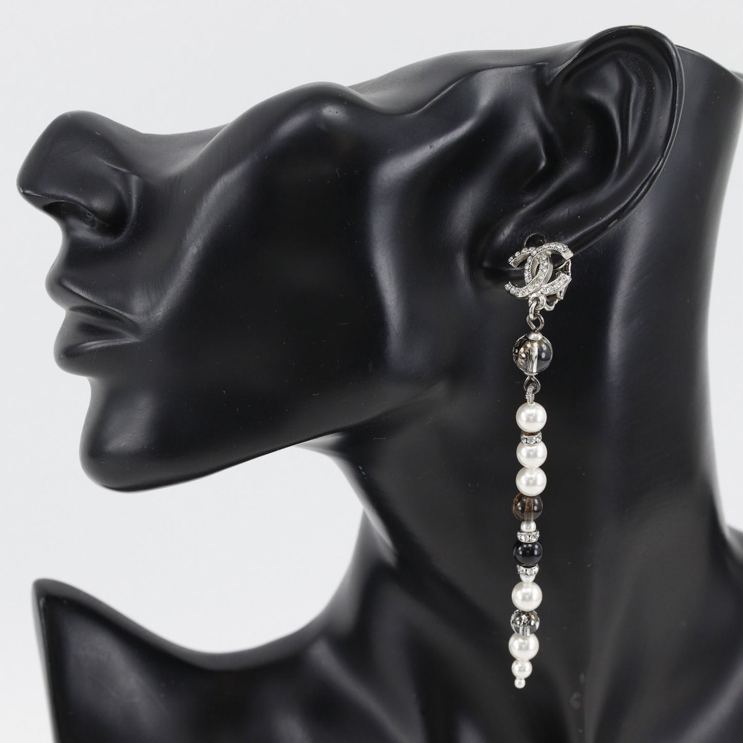 Chanel CC Logo Long Metal Faux Pearl Line Stone Silver Earrings — view 2