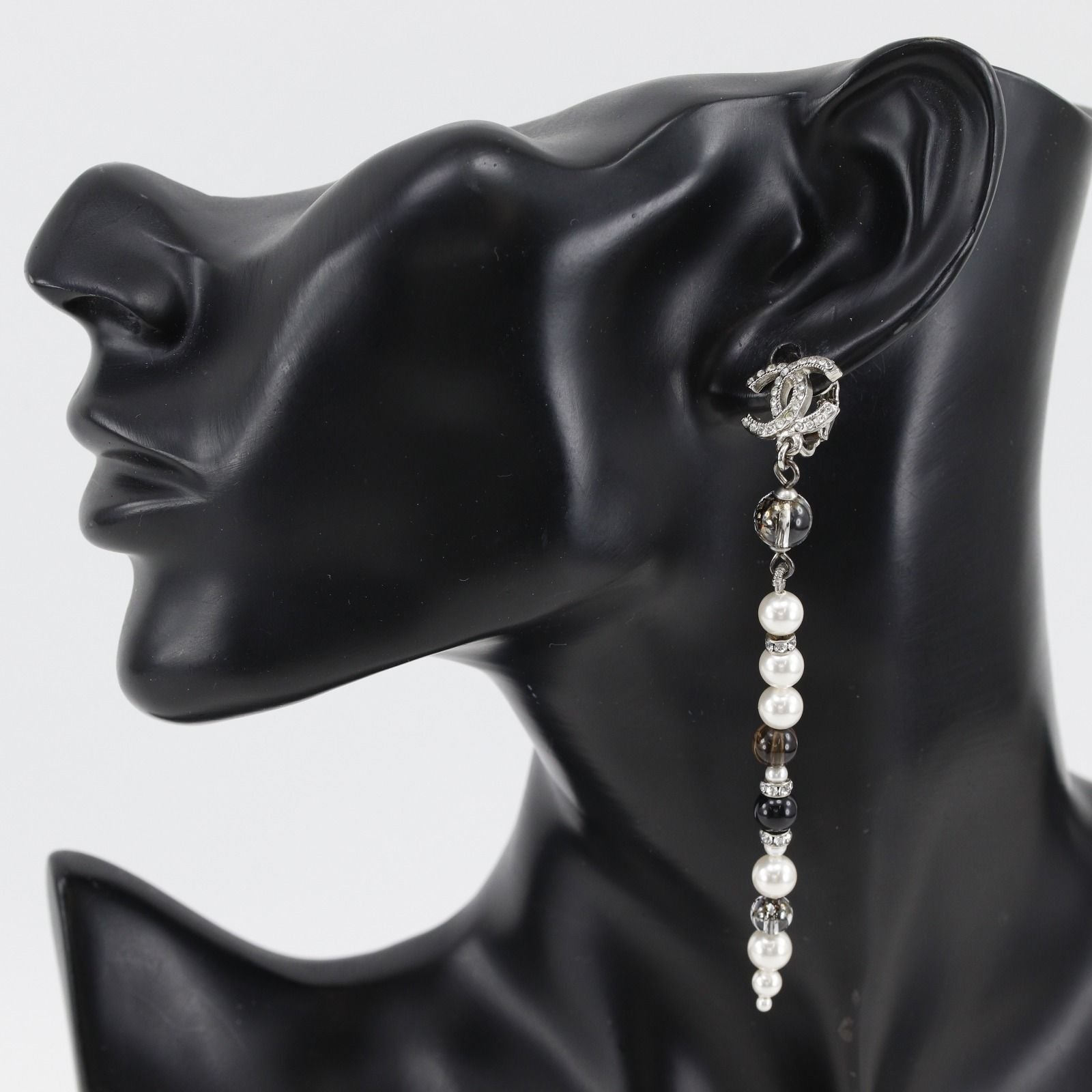 Chanel CC Logo Long Metal Faux Pearl Line Stone Silver Earrings — view 2