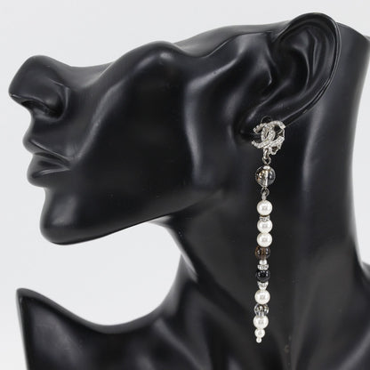 Chanel CC Logo Long Metal Faux Pearl Line Stone Silver Earrings — view 2