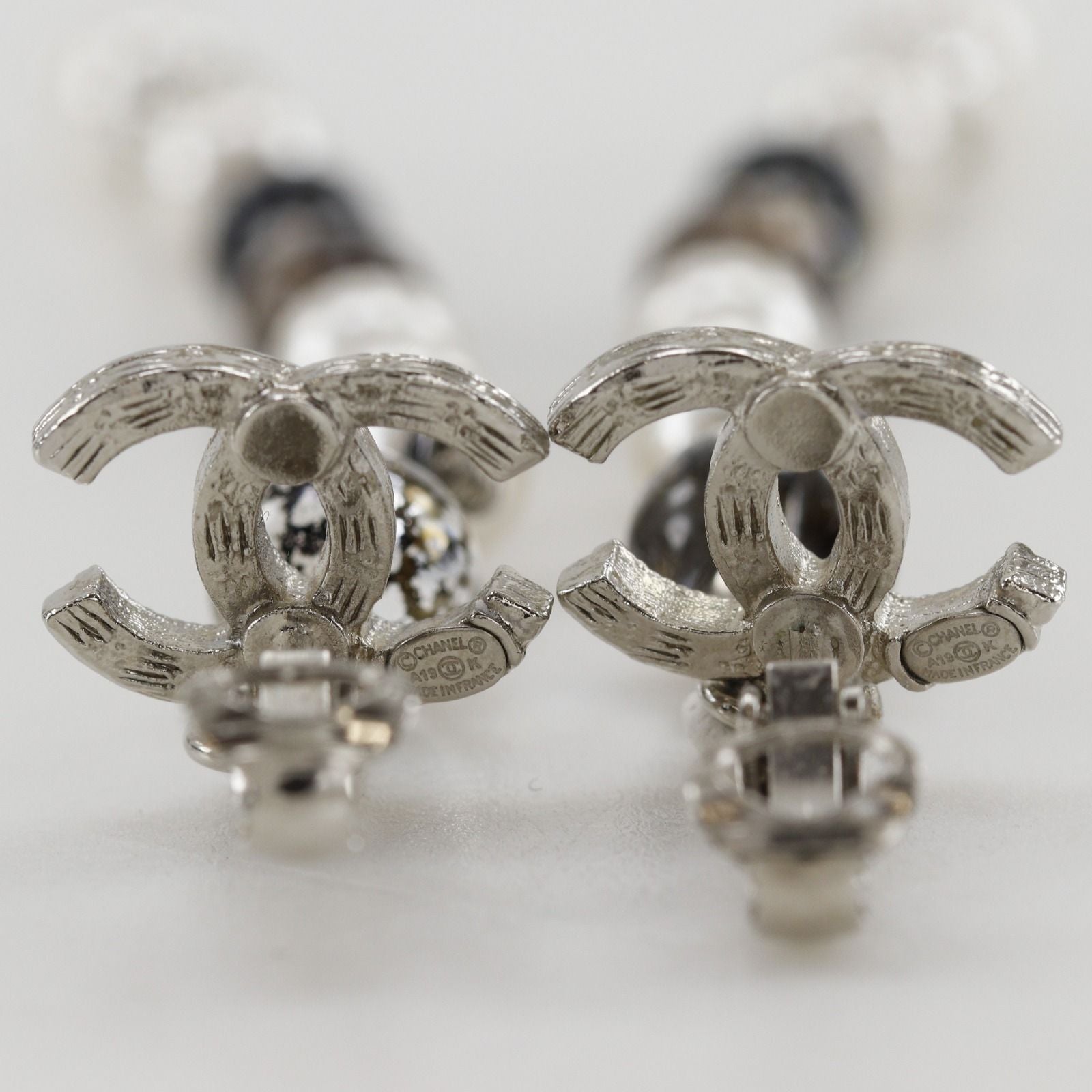 Chanel CC Logo Long Metal Faux Pearl Line Stone Silver Earrings — view 4