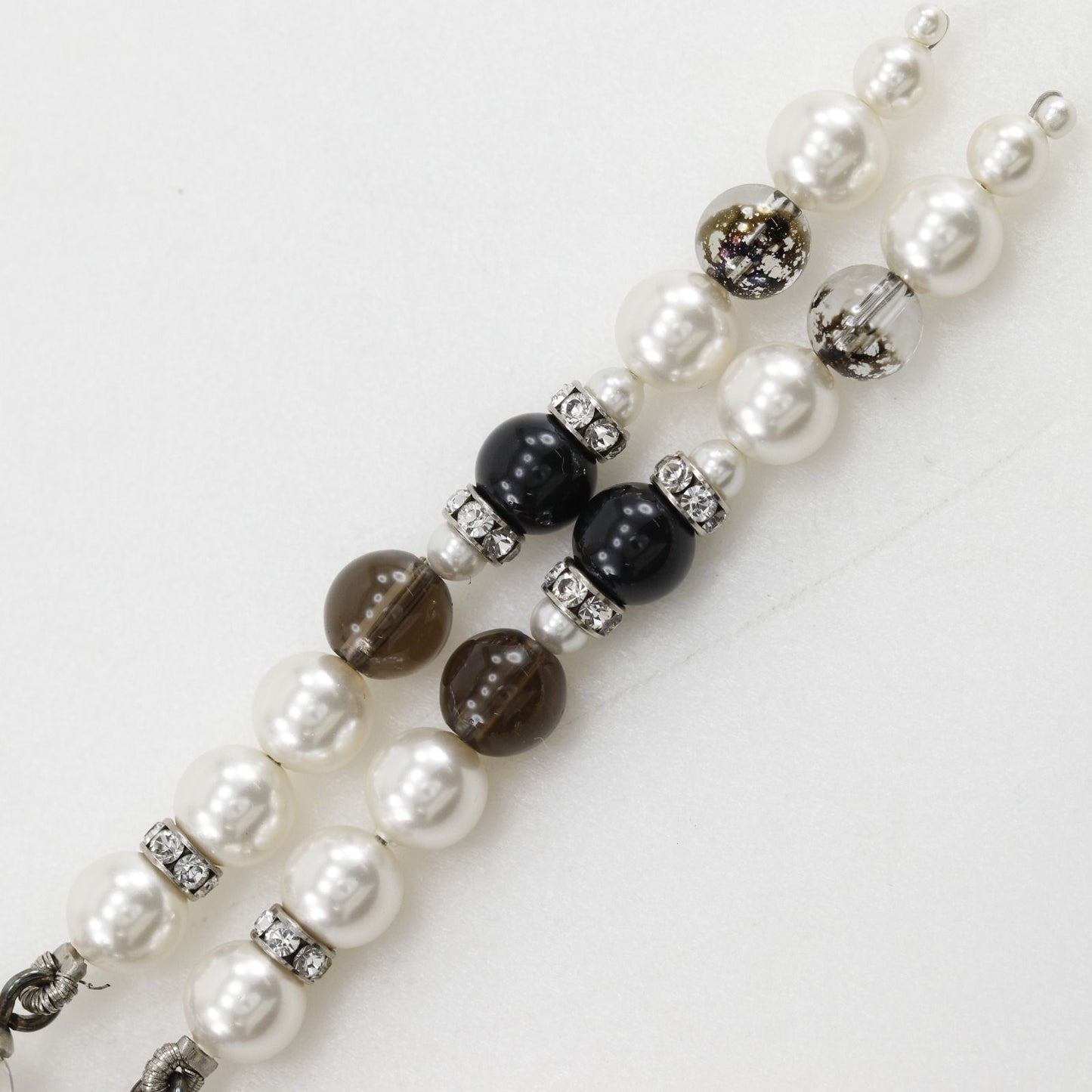 Chanel CC Logo Long Metal Faux Pearl Line Stone Silver Earrings — view 7