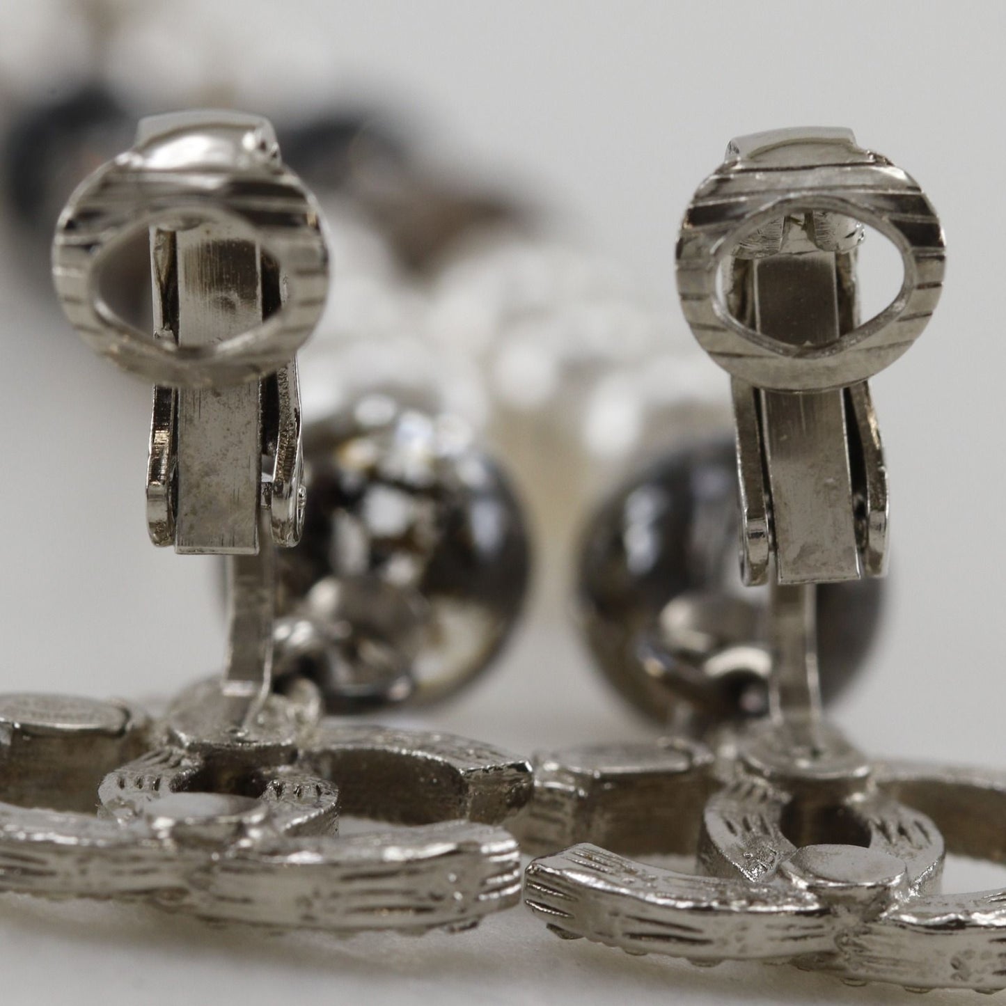 Chanel CC Logo Long Metal Faux Pearl Line Stone Silver Earrings — view 5
