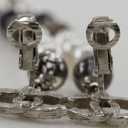 Chanel CC Logo Long Metal Faux Pearl Line Stone Silver Earrings — view 5