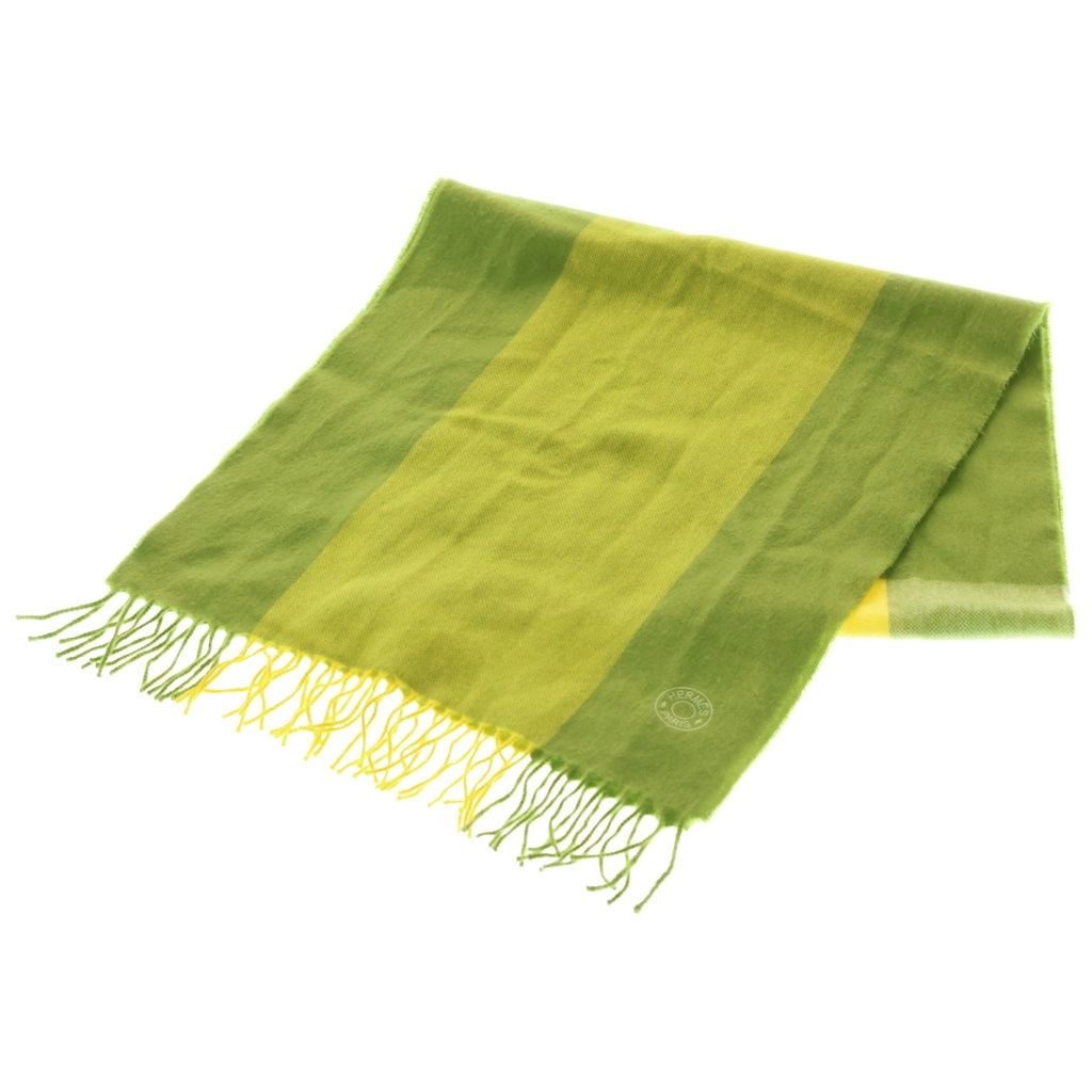 Hermes Series Logo Embroidery Cashmere Fringe Scarf Green Yellow