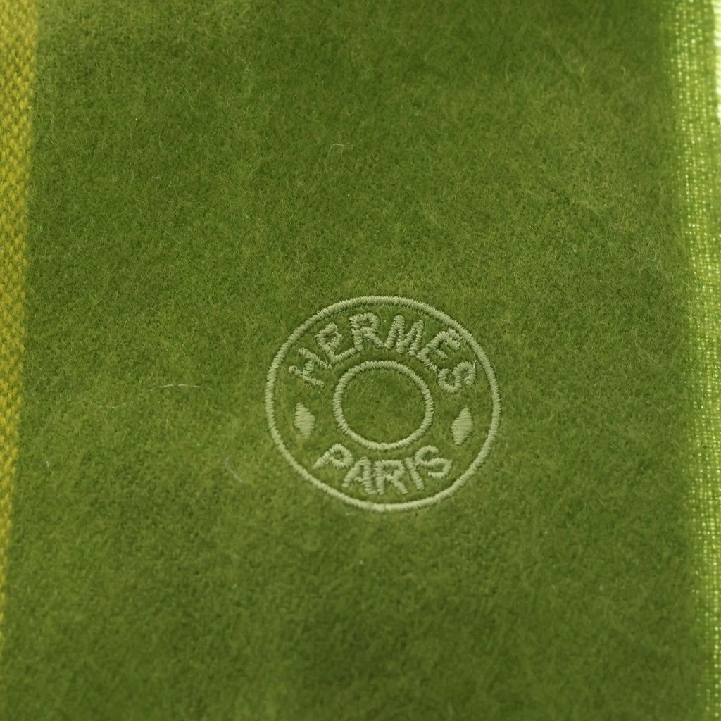 Hermes Series Logo Embroidery Cashmere Fringe Scarf Green Yellow — view 3