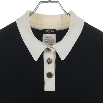 Chanel CC Logo Button Distressed Bicolor Rayon Blend Knit Short Sleeve Dress — view 3