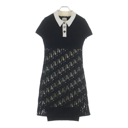 Chanel CC Logo Button Distressed Bicolor Rayon Blend Knit Short Sleeve Dress
