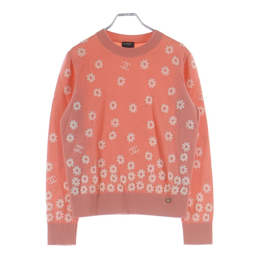 Chanel CC Logo Cashmere Knit Pullover Sweater Daisy Coral Pink White 34