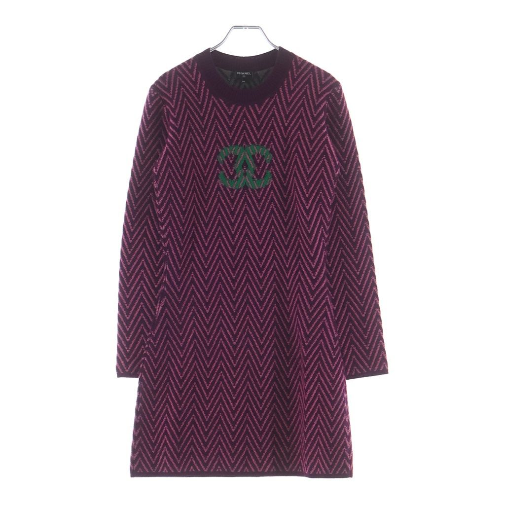 Chanel CC Logo Henry Bone Pattern Long Dress Purple Pink