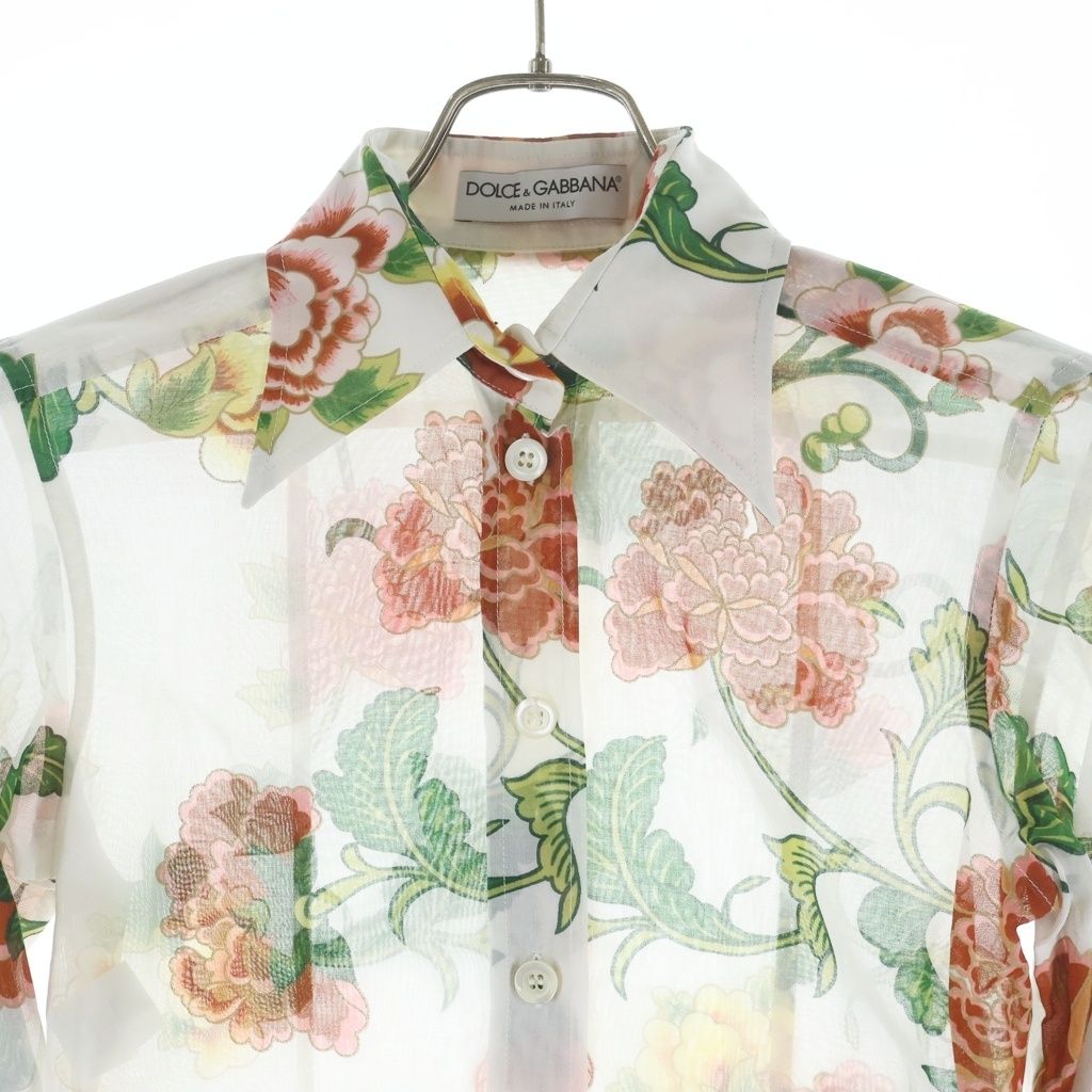 Dolce & Gabbana Floral Long Sleeve Sheer Shirt Flower Print White 38 — view 3