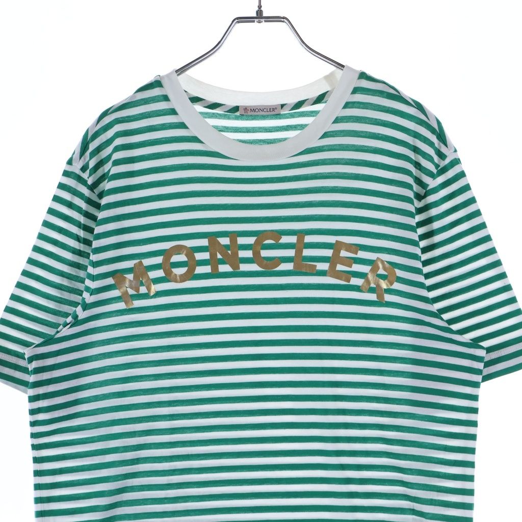 Moncler Maglia T-Shirt Metallic Logo Print Border Crew Neck Short Sleeve Green — view 3