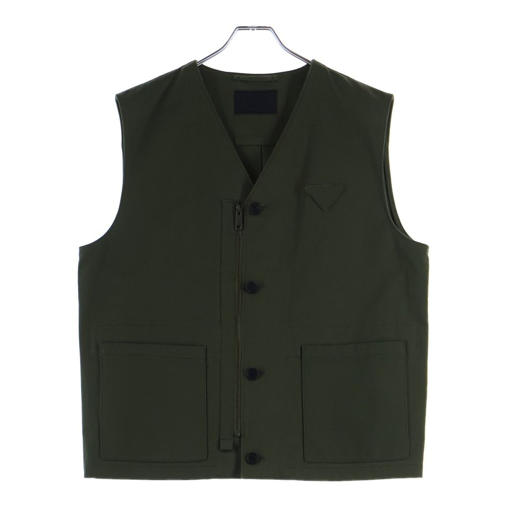 Prada Chest Triangle Logo Zip Up Cotton Vest Khaki