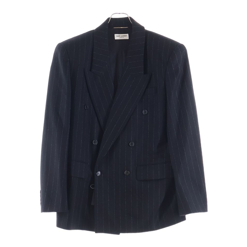 Saint Laurent Paris Striped Pattern Double Breasted Wool Tailored Jacket Black