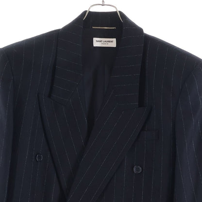 Saint Laurent Paris Striped Pattern Double Breasted Wool Tailored Jacket Black — view 3
