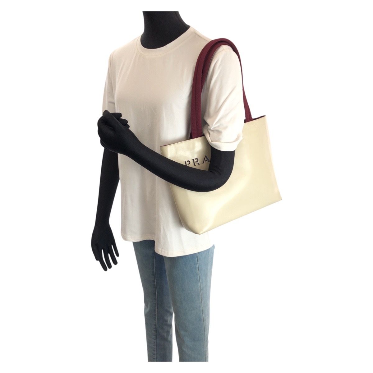 Prada Perforated Logo Light Beige Ivory Bordeaux Leather Shoulder Bag — view 7