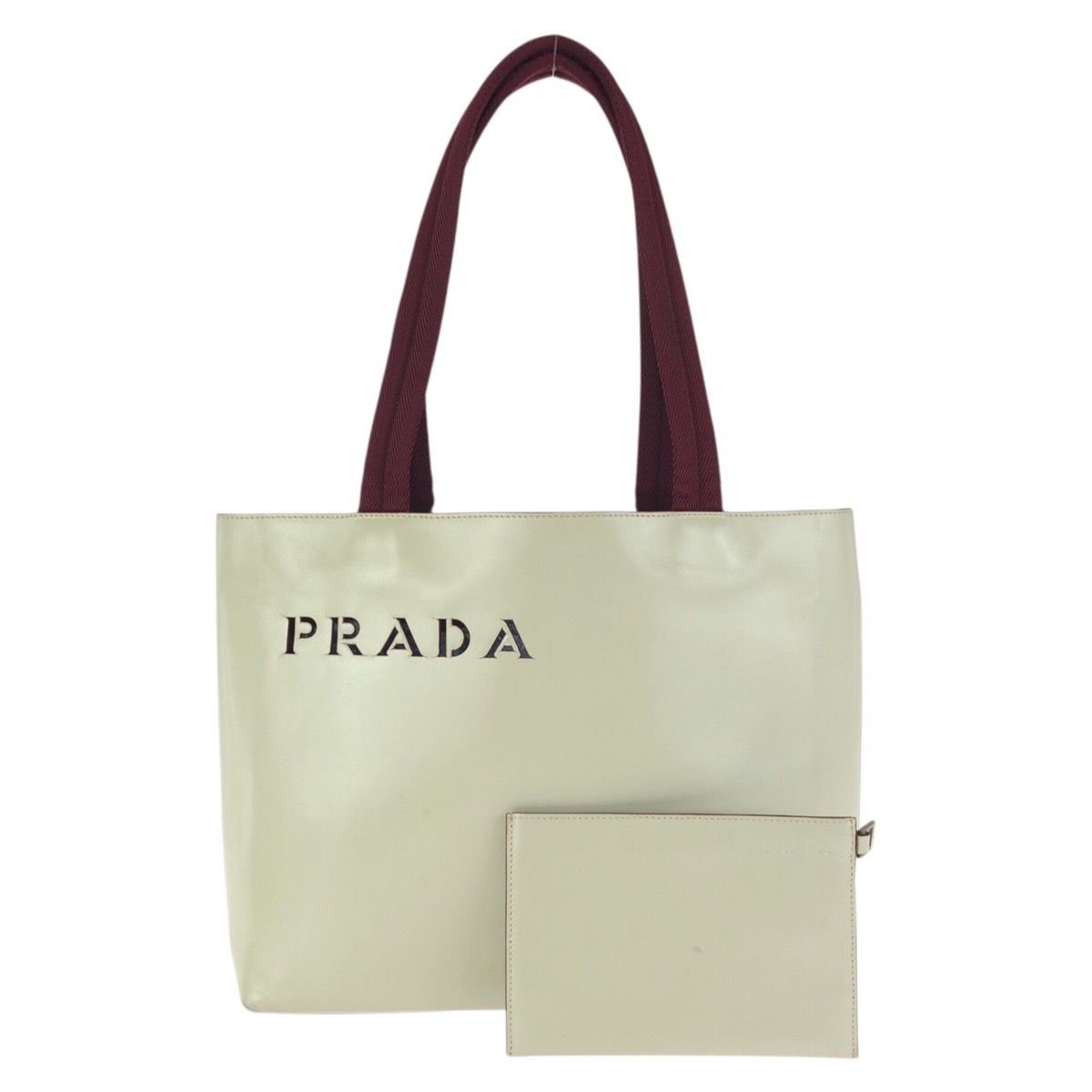 Prada Perforated Logo Light Beige Ivory Bordeaux Leather Shoulder Bag