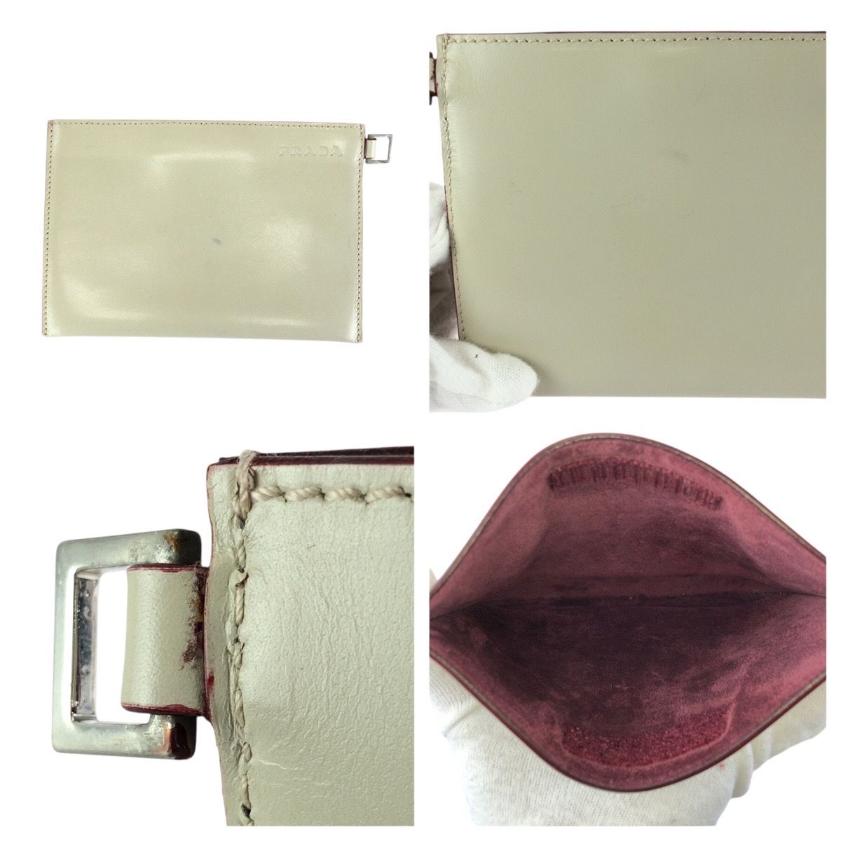 Prada Perforated Logo Light Beige Ivory Bordeaux Leather Shoulder Bag — view 6