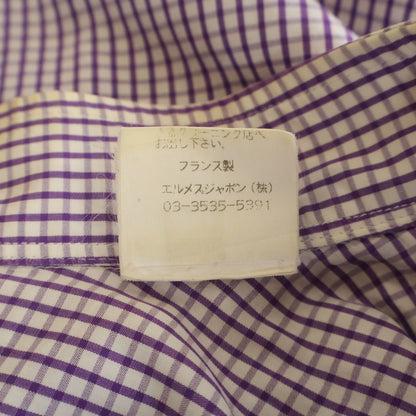 Hermes Gingham Plaid Banded Collar Long Sleeve Shirt White Purple — view 8