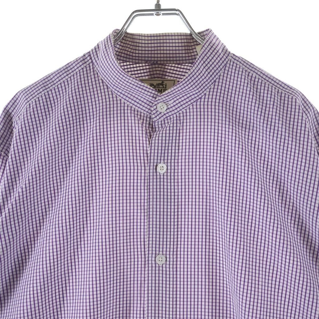 Hermes Gingham Plaid Banded Collar Long Sleeve Shirt White Purple — view 3
