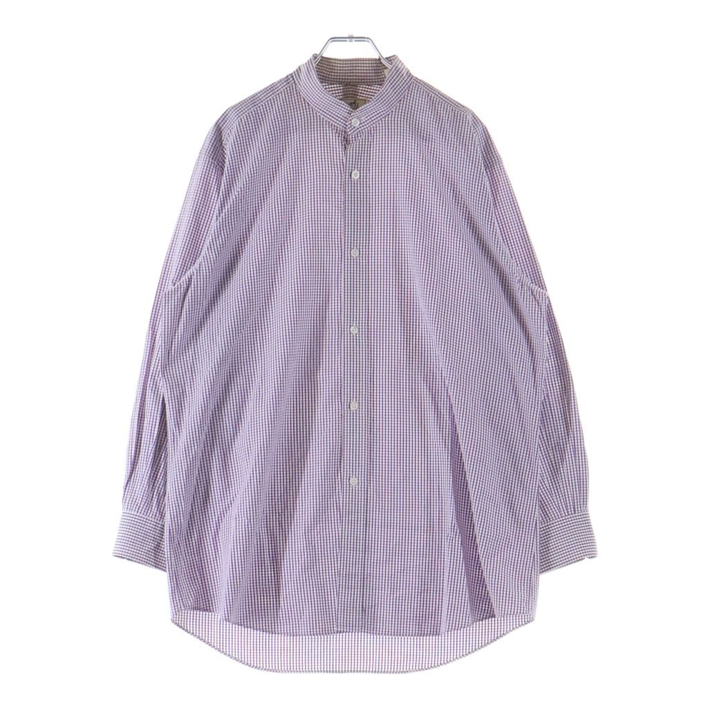 Hermes Gingham Plaid Banded Collar Long Sleeve Shirt White Purple