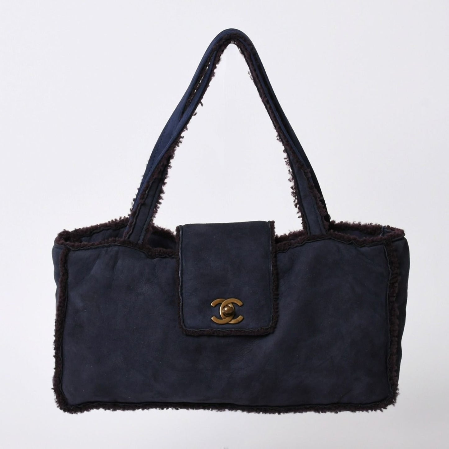 Chanel Shearling Bag CC Logo Nubuck Antique Gold