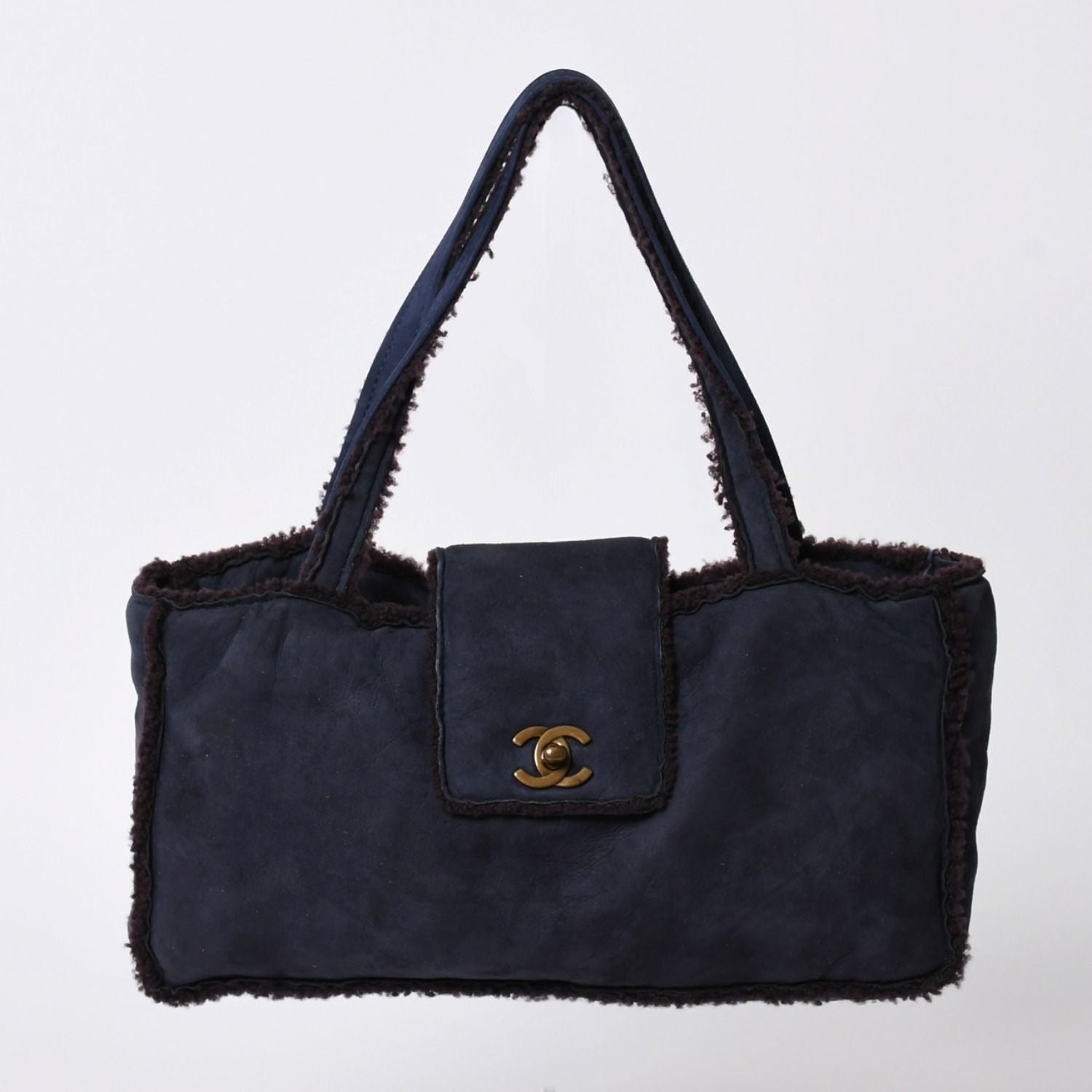 Chanel Shearling Bag CC Logo Nubuck Antique Gold