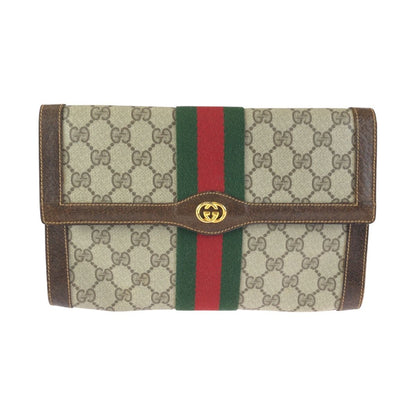 Gucci Vintage Sherry Line Gray Brown GG Supreme Canvas Leather Clutch