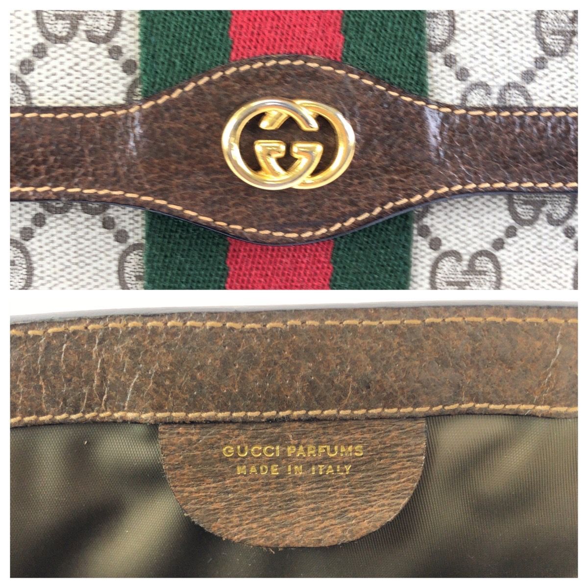 Gucci Vintage Sherry Line Gray Brown GG Supreme Canvas Leather Clutch — view 4
