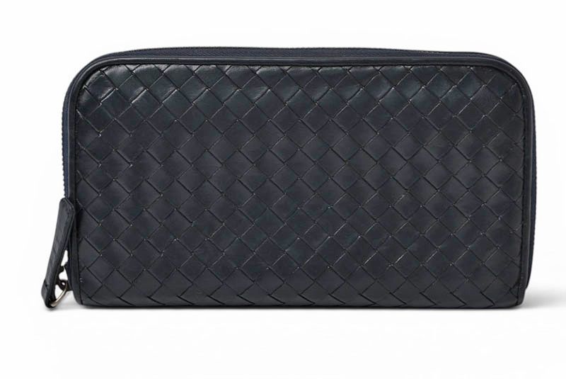 Bottega Veneta Wallet Zip Around Intrecciato Navy