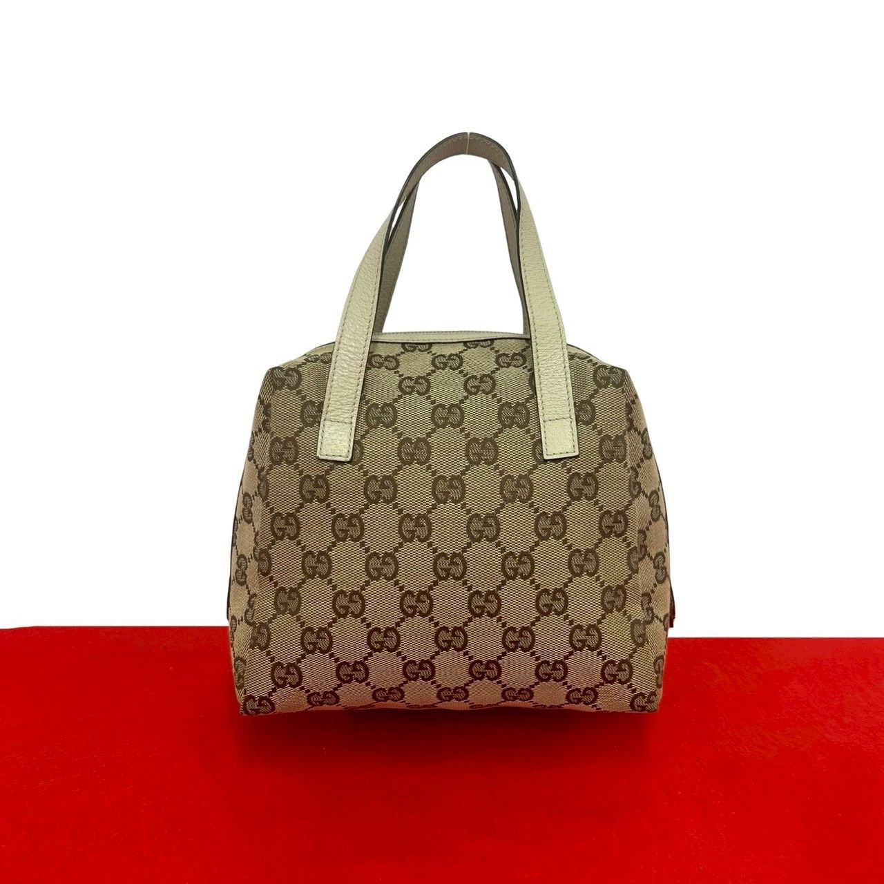 Gucci GG Canvas Pattern Leather Mini Boston Bag Tote Pouch Beige