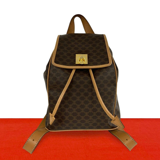 Celine Vintage Macadam Blason Triomphe Pattern Logo Ring Leather Backpack Brown