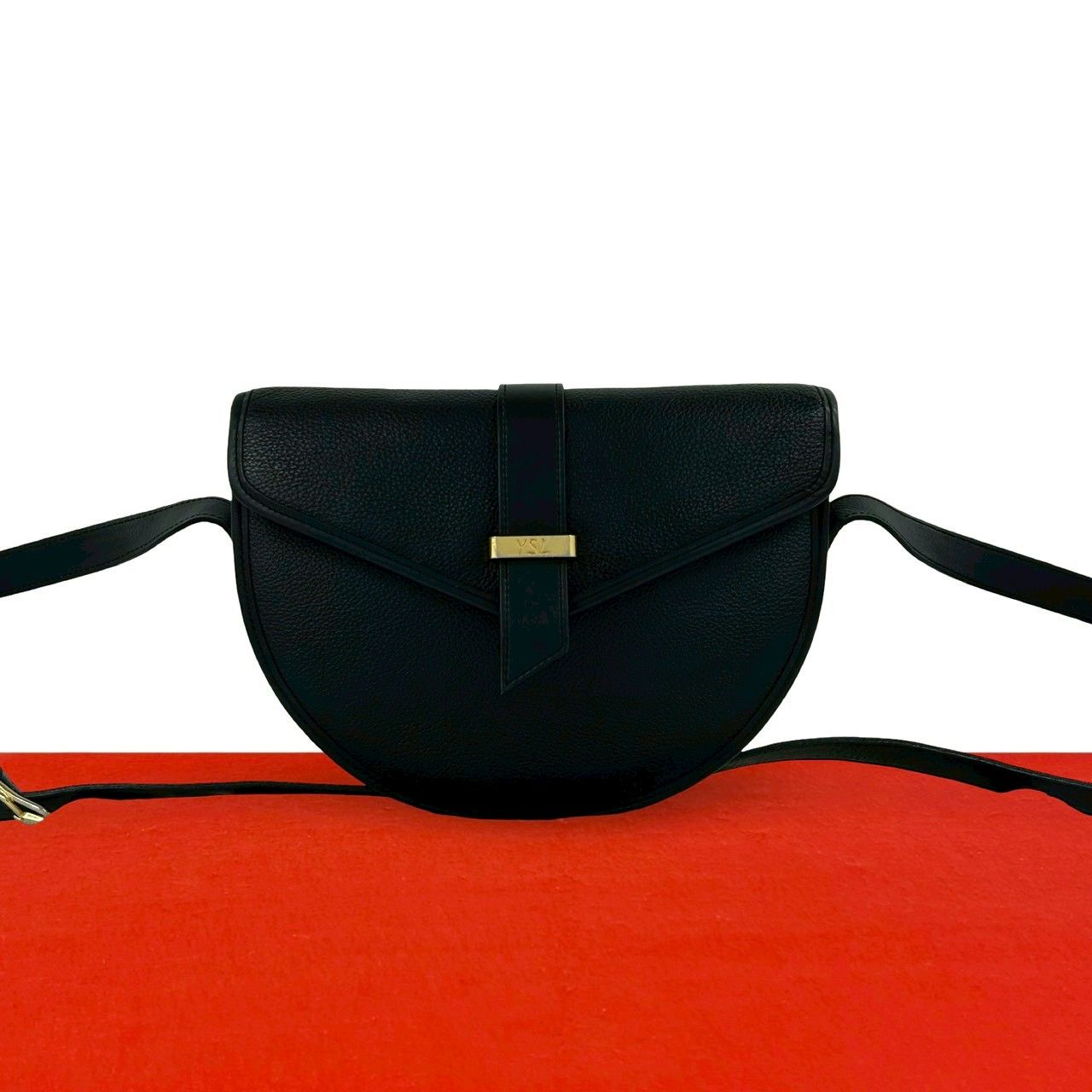 Saint Laurent Yves Vintage YSL Logo Leather Shoulder Bag Black