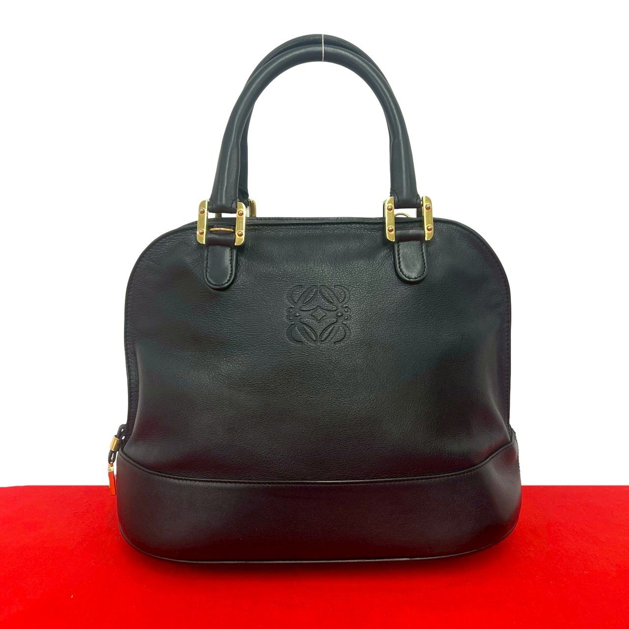 Loewe Vintage Anagram Log Leather Tote Mini Boston Bag Black