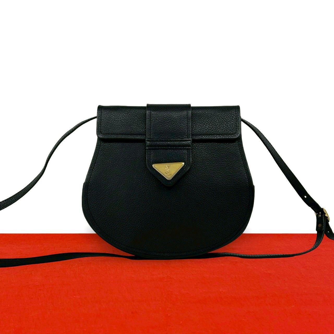 Saint Laurent Yves Vintage YSL Logo Leather Shoulder Bag Pochette Black