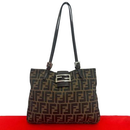 Fendi Zucca FF Pattern Logo Canvas Leather Tote Shoulder Bag Brown Black