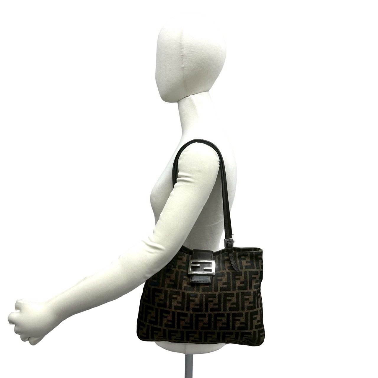 Fendi Zucca FF Pattern Logo Canvas Leather Tote Shoulder Bag Brown Black — view 2