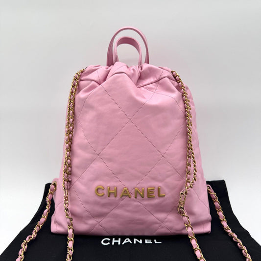 Chanel Backpack 22 Leather Pink Gold Lambskin Chain Shoulder Plate