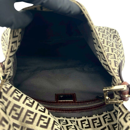 Fendi Zucchino FF Pattern Logo Canvas Leather Shoulder Bag Brown — view 9