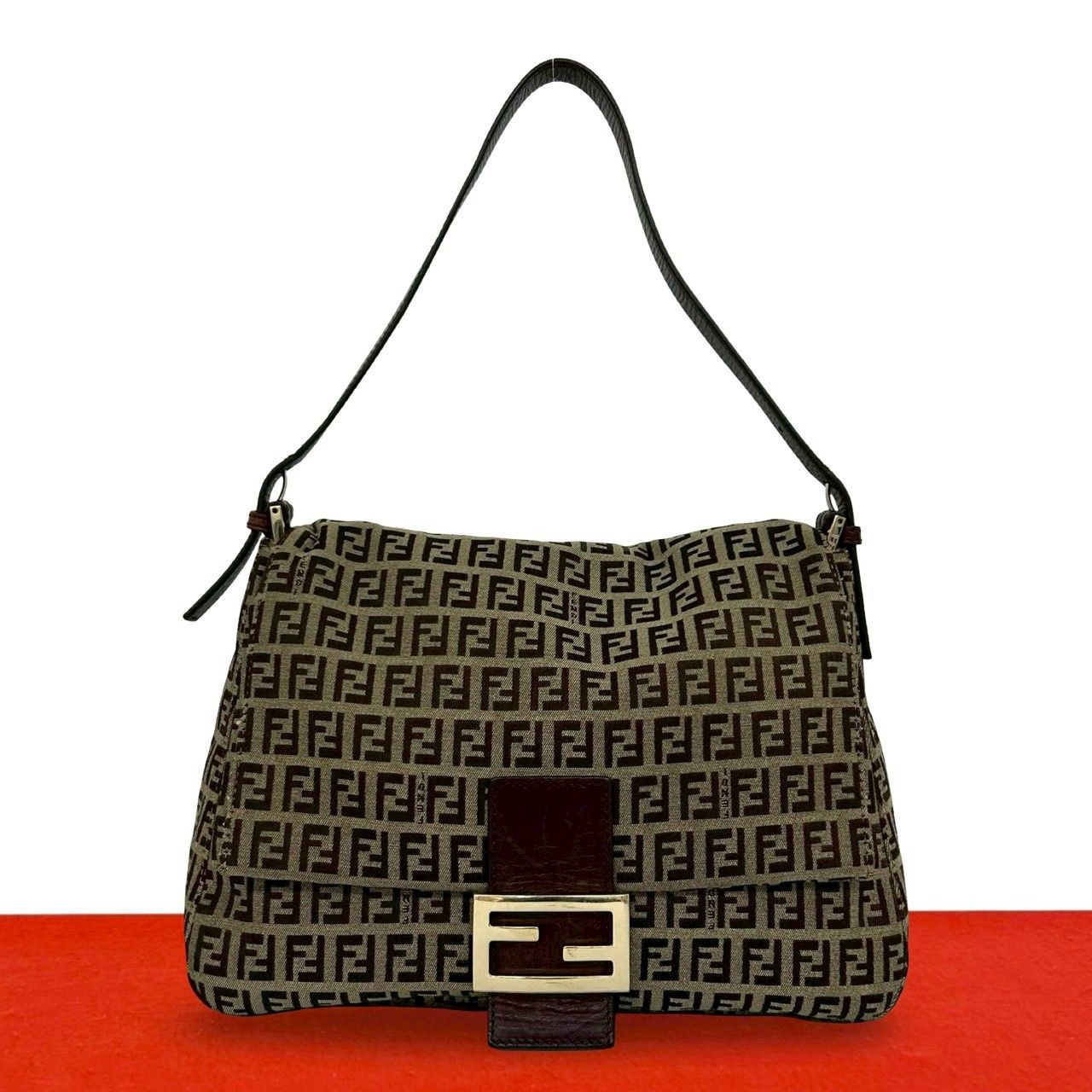 Fendi Zucchino FF Pattern Logo Canvas Leather Shoulder Bag Brown