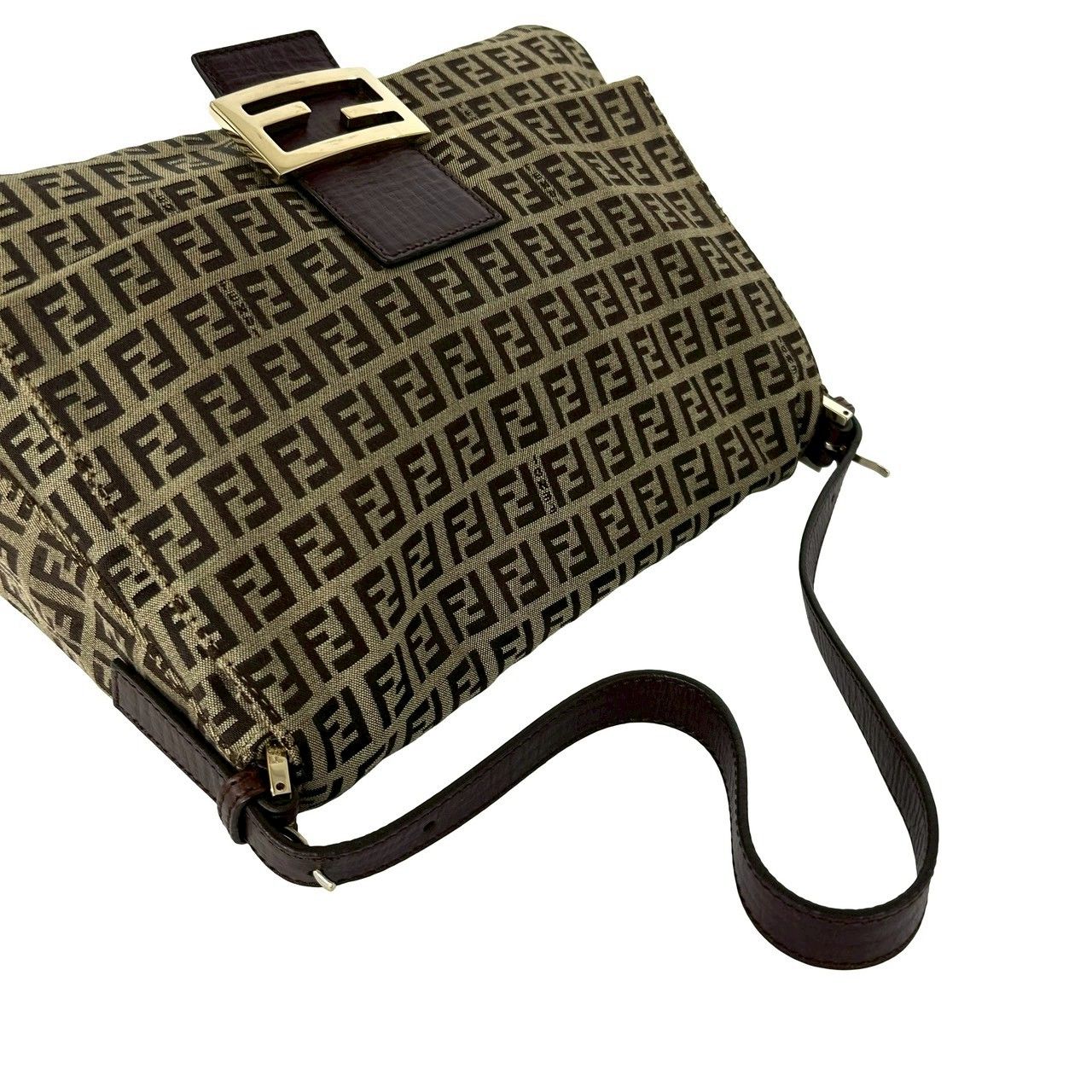 Fendi Zucchino FF Pattern Logo Canvas Leather Shoulder Bag Brown — view 4