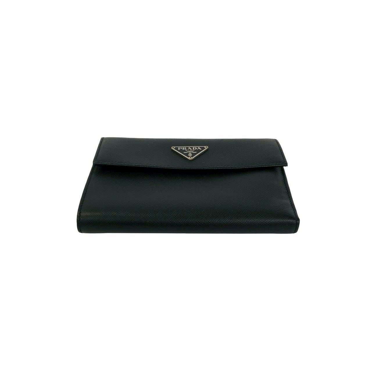 Prada Triangle Logo Saffiano Leather Trifold Wallet Bill Purse Coin Black — view 6