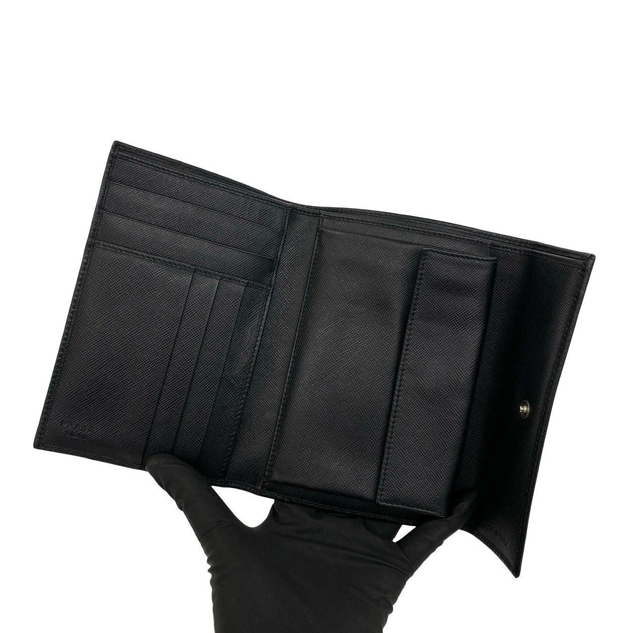 Prada Triangle Logo Saffiano Leather Trifold Wallet Bill Purse Coin Black — view 7